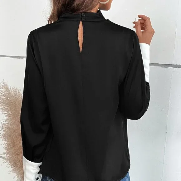 Black Casual Womens Contrast Cuff Fold Pleated Detail 2 In 1 Blouse - Picture 3 of 5